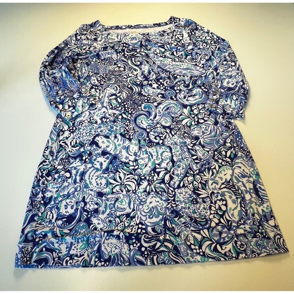 Lilly Pulitzer Sophie Dress 60 animals Women's Blue White Print 3/4 Sleeve Sz L - Picture 6 of 13
